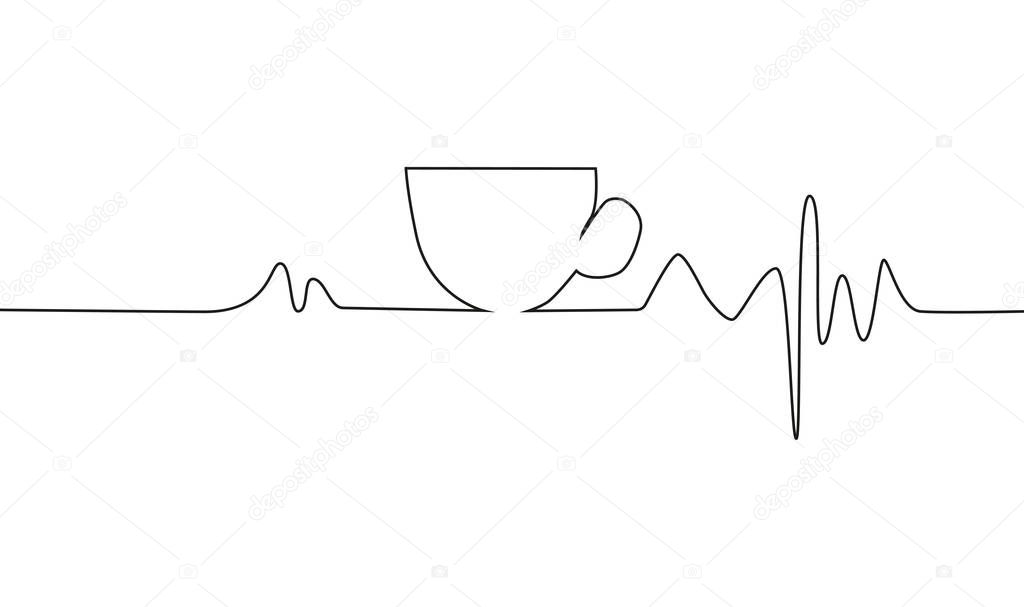 Coffee cup on cardiogram, illustration on white background.