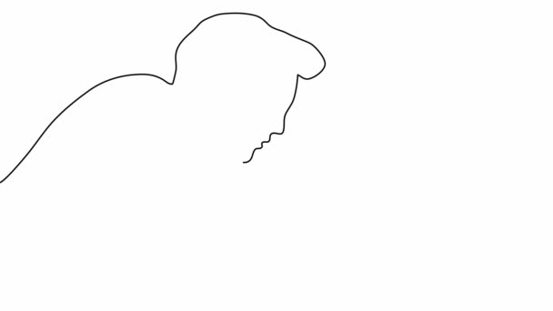 A man with a laptop. Self-drawing a simple animation of one continuous drawing of one line. — Stock Video