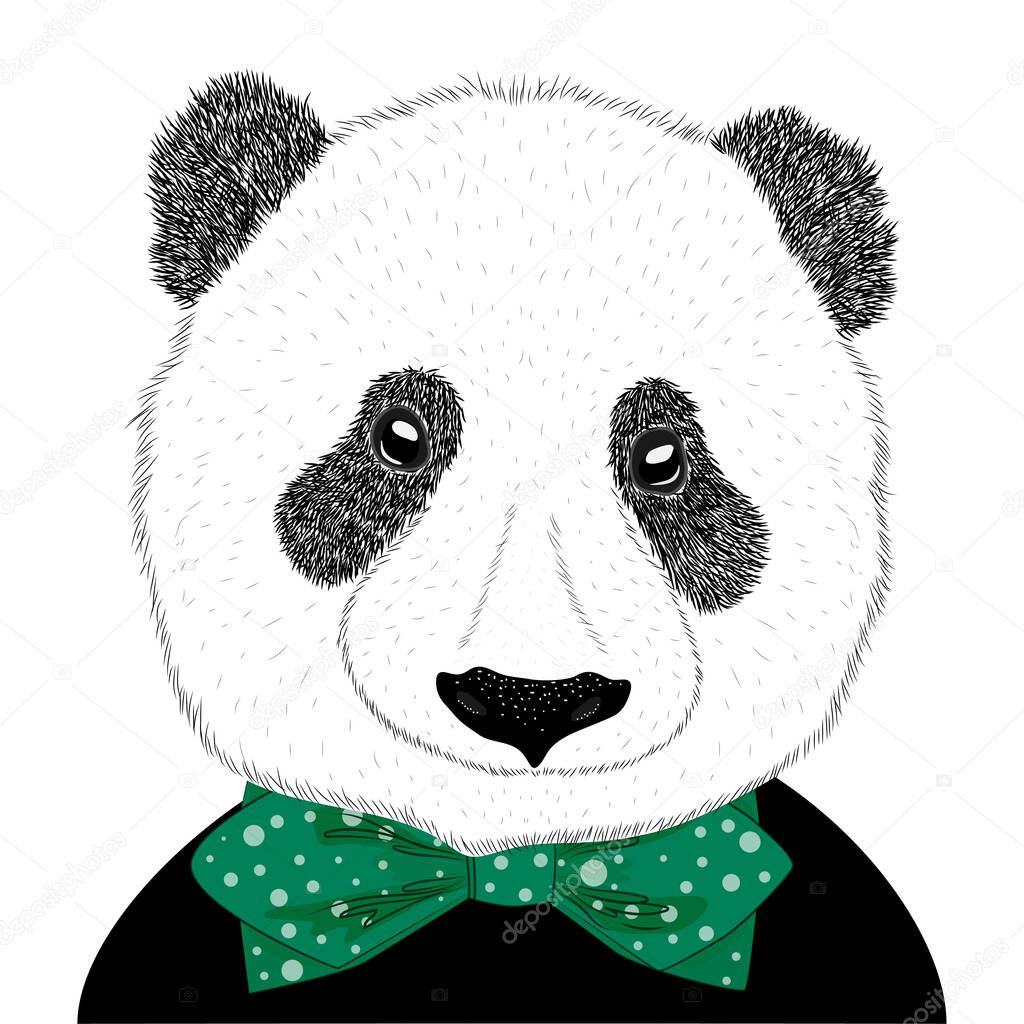 Hand drawn illustration of a panda head with a tie. Isolated cute fashion portrait on white background.