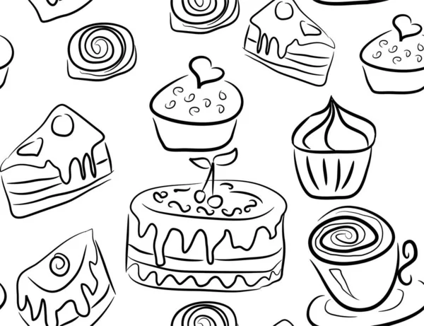 Sweet doodle pattern with cupcakes, cakes, candies and cones. hand drawn seamless pattern. — Stock Vector