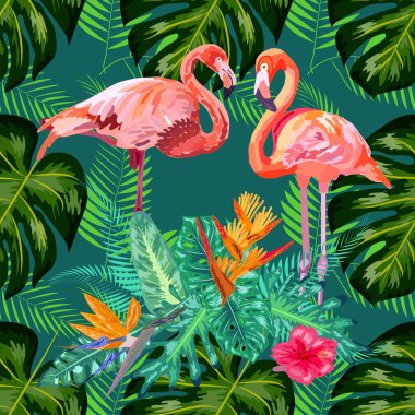 Tropik palmiye yaprakları, flamingo ve amberçiçeği içeren kusursuz çiçek desenli arka plan.