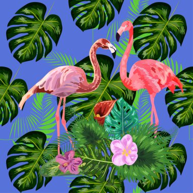 Tropik palmiye yaprakları, flamingo ve amberçiçeği içeren kusursuz çiçek desenli arka plan.