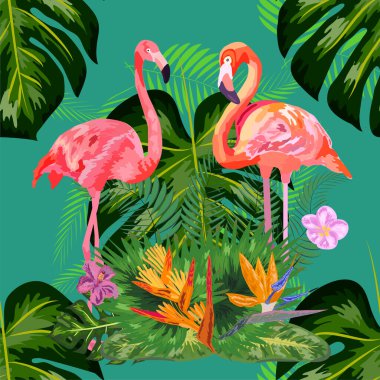 Pembe egzotik flamingo dalış yapan kuşlar çifti. Kusursuz desen dokusu. yeşil tropikal orman yağmur ormanları palmiye yaprakları.