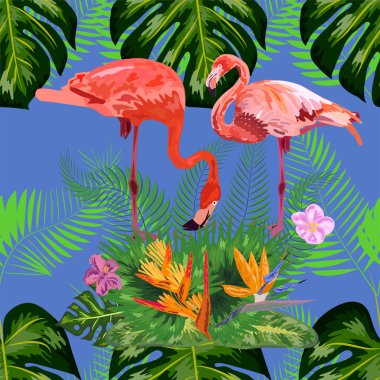 Tropik palmiye yaprakları, flamingo ve amberçiçeği içeren kusursuz çiçek desenli arka plan.