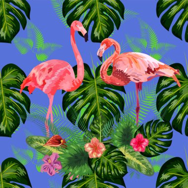 Pembe egzotik flamingo dalış yapan kuşlar çifti. Kusursuz desen dokusu. yeşil tropikal orman yağmur ormanları palmiye yaprakları.