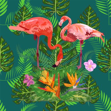 Pembe egzotik flamingo dalış yapan kuşlar çifti. Kusursuz desen dokusu. yeşil tropikal orman yağmur ormanları palmiye yaprakları.