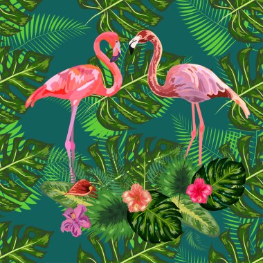 Pembe egzotik flamingo dalış yapan kuşlar çifti. Kusursuz desen dokusu. yeşil tropikal orman yağmur ormanları palmiye yaprakları.