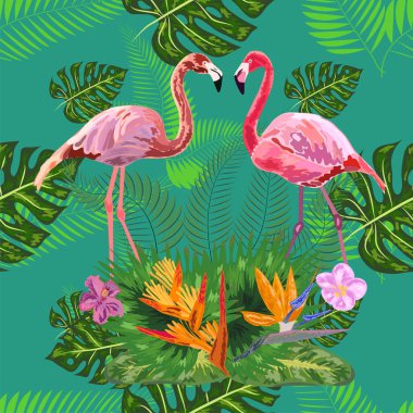 Pembe egzotik flamingo dalış yapan kuşlar çifti. Kusursuz desen dokusu. yeşil tropikal orman yağmur ormanları palmiye yaprakları.