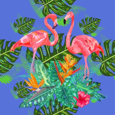Tropik palmiye yaprakları, flamingo ve amberçiçeği içeren kusursuz çiçek desenli arka plan.