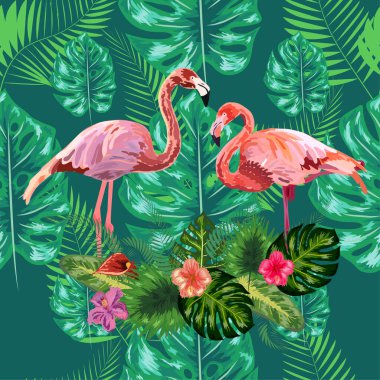 Pembe egzotik flamingo dalış yapan kuşlar çifti. Kusursuz desen dokusu. yeşil tropikal orman yağmur ormanları palmiye yaprakları.