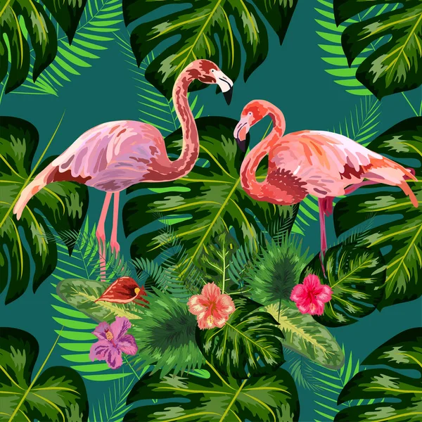 Różowa Egzotyczna Para Ptaków Brodzących Flamingów Płynny Wzór Tekstury Zielone — Wektor stockowy