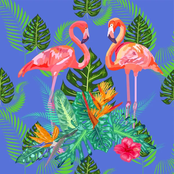 Nahtlose Florale Sommermuster Hintergrund Mit Tropischen Palmblättern Flamingo Hibiskus — Stockvektor