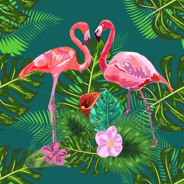 Bezszwowe Kwiatowy Wzór Tło Tropikalnych Liści Palmy Flamingo Hibiskus — Wektor stockowy