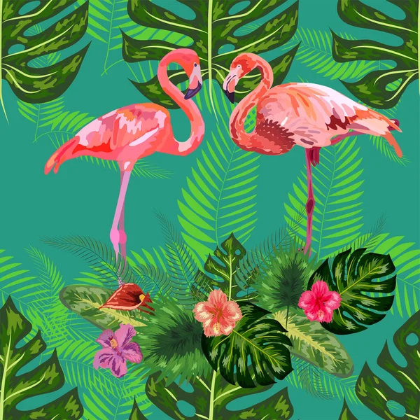 Pinkfarbene Exotische Flamingo Watvögel Paaren Sich Nahtlose Mustertextur Grüne Tropische — Stockvektor