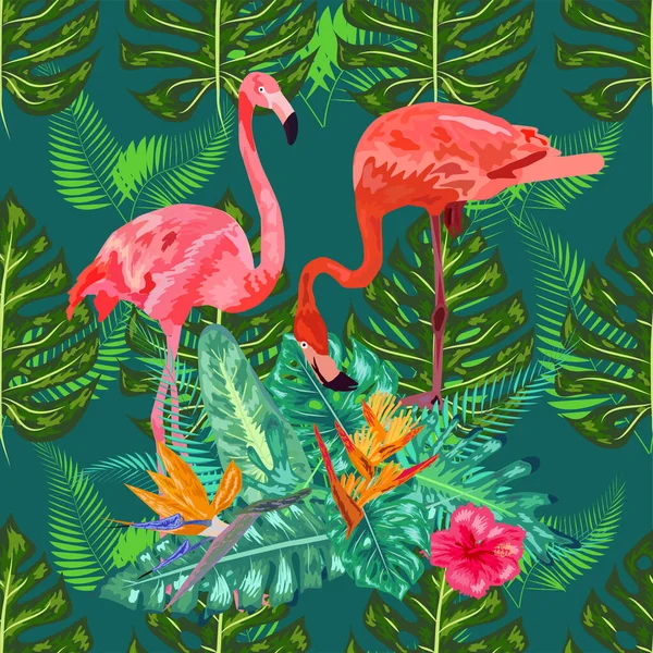 Bezszwowe Kwiatowy Wzór Tło Tropikalnych Liści Palmy Flamingo Hibiskus — Wektor stockowy