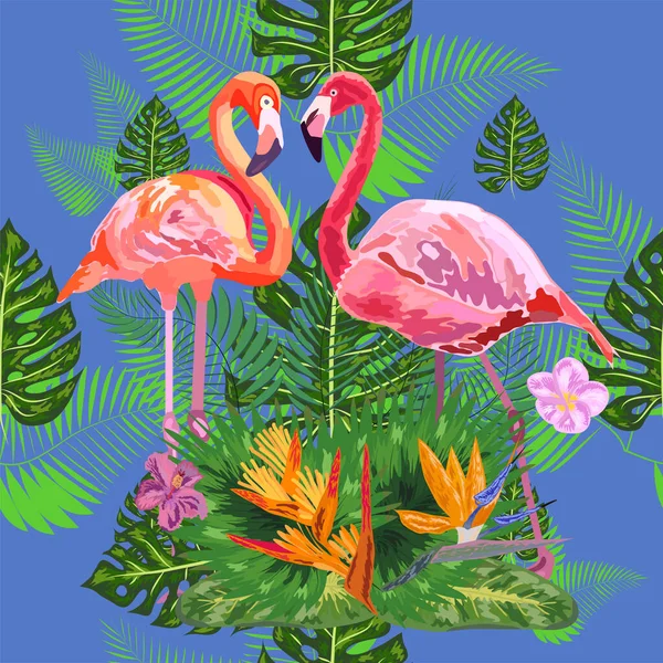 Rosa Exotiska Flamingo Vadande Fåglar Par Sömlös Mönsterstruktur Grön Tropisk — Stock vektor
