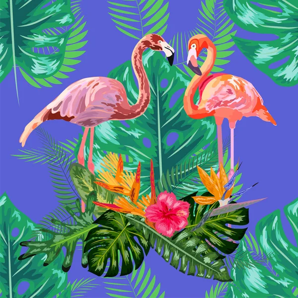 Roze Exotische Flamingo Waadvogels Paar Naadloze Patroon Textuur Groene Tropische — Stockvector