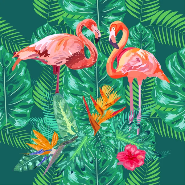 Bezešvé Květinové Letní Vzor Pozadí Tropickými Palmovými Listy Flamingo Ibišek — Stockový vektor