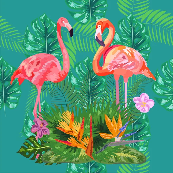 Pareja Pájaros Flamencos Exóticos Rosados Textura Patrón Sin Costuras Verde — Vector de stock