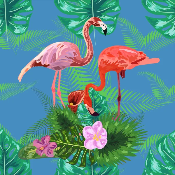 Nahtlose Florale Sommermuster Hintergrund Mit Tropischen Palmblättern Flamingo Hibiskus — Stockvektor