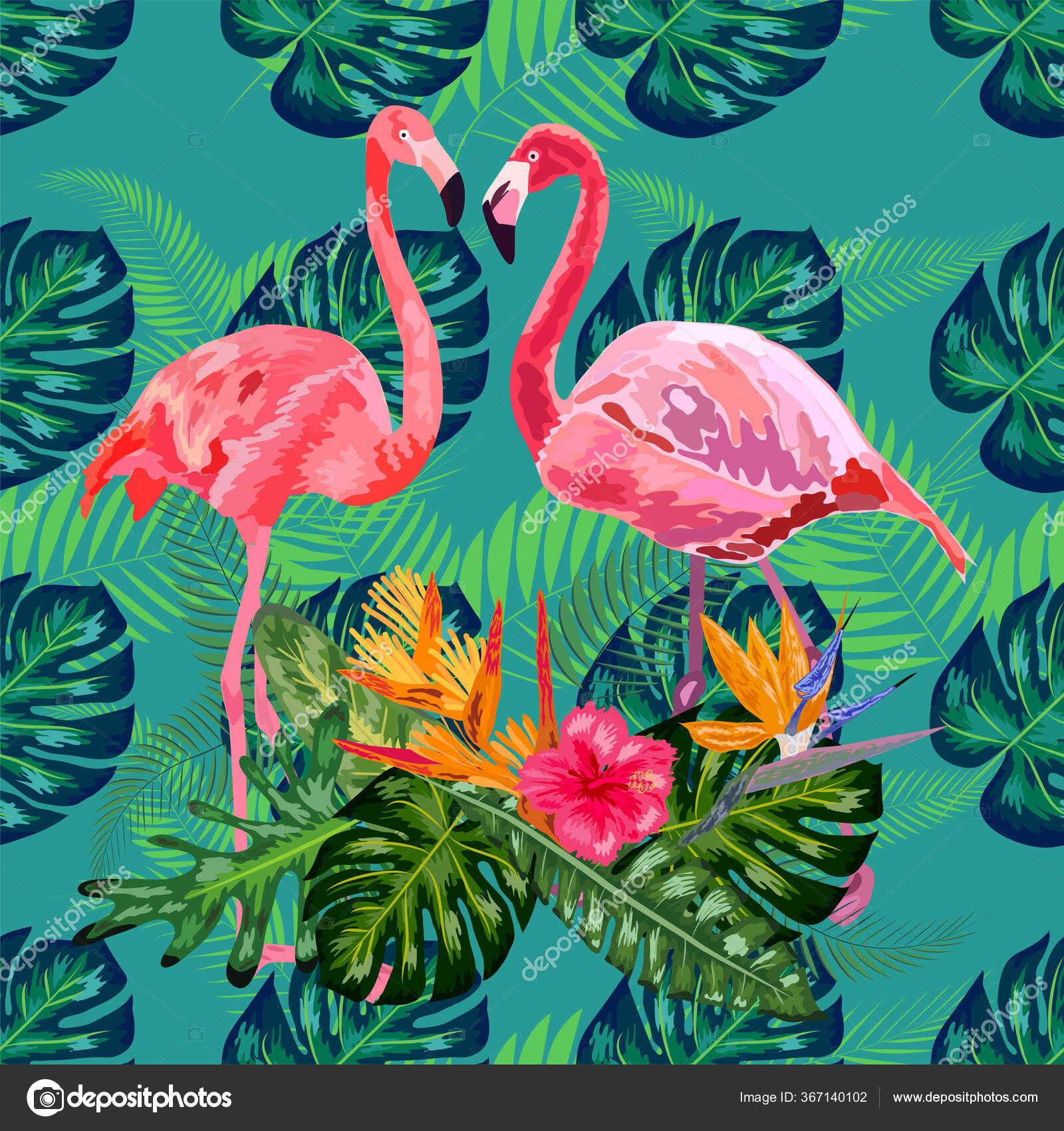 Pink Exotic Flamingo Wading Birds Couple Seamless Pattern Texture Green