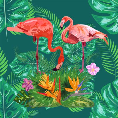Pembe egzotik flamingo dalış yapan kuşlar çifti. Kusursuz desen dokusu. yeşil tropikal orman yağmur ormanları palmiye yaprakları.