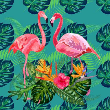 Pembe egzotik flamingo dalış yapan kuşlar çifti. Kusursuz desen dokusu. yeşil tropikal orman yağmur ormanları palmiye yaprakları.