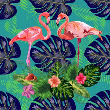 Pembe egzotik flamingo dalış yapan kuşlar çifti. Kusursuz desen dokusu. yeşil tropikal orman yağmur ormanları palmiye yaprakları.