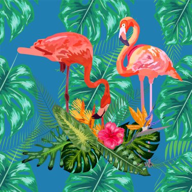 Moda olmayan pembe flamingo kuşları çifti. Parlak kamelya çiçekleri. Tropikal canavar filodendron yeşil yaprakları.