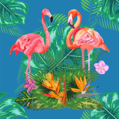 Moda olmayan pembe flamingo kuşları çifti. Parlak kamelya çiçekleri. Tropikal canavar filodendron yeşil yaprakları.