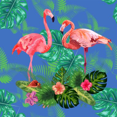 Moda olmayan pembe flamingo kuşları çifti. Parlak kamelya çiçekleri. Tropikal canavar filodendron yeşil yaprakları.