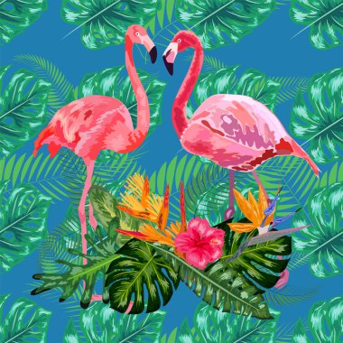 Moda olmayan pembe flamingo kuşları çifti. Parlak kamelya çiçekleri. Tropikal canavar filodendron yeşil yaprakları.