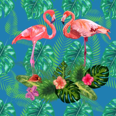 Moda olmayan pembe flamingo kuşları çifti. Parlak kamelya çiçekleri. Tropikal canavar filodendron yeşil yaprakları.