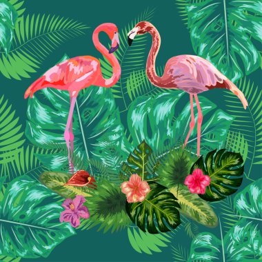 Moda olmayan pembe flamingo kuşları çifti. Parlak kamelya çiçekleri. Tropikal canavar filodendron yeşil yaprakları.