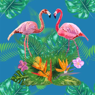 Moda olmayan pembe flamingo kuşları çifti. Parlak kamelya çiçekleri. Tropikal canavar filodendron yeşil yaprakları.