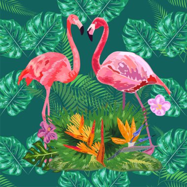 Moda olmayan pembe flamingo kuşları çifti. Parlak kamelya çiçekleri. Tropikal canavar filodendron yeşil yaprakları.