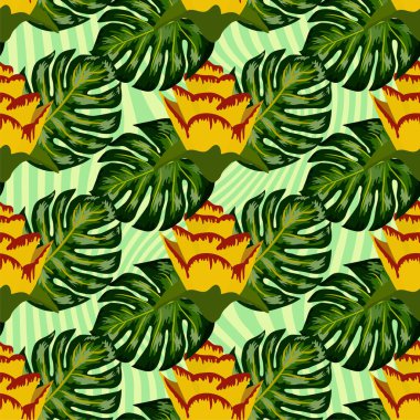 Parlak sarı ve pembe bitkilerle ve çizgili arka planda yapraklarla kusursuz bir tropikal desen.