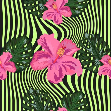Parlak sarı ve pembe bitkilerle ve çizgili arka planda yapraklarla kusursuz bir tropikal desen.