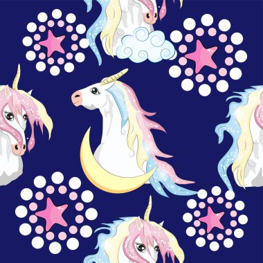 Tek boynuzlu atlar ve yıldızlarla kusursuz bir desen. Bebek arka planı