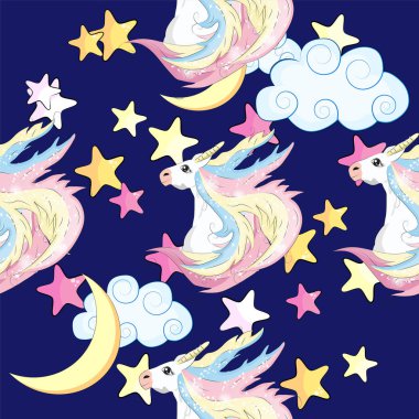 Tek boynuzlu atlar ve yıldızlarla kusursuz bir desen. Bebek arka planı