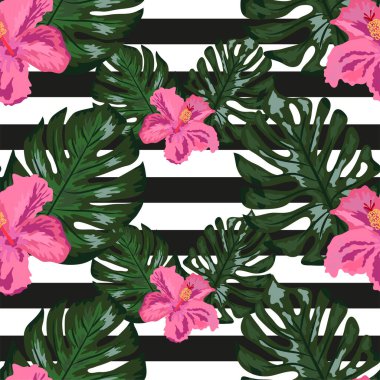 Çizgili arka planda tropikal orkide ve amber çiçekleri, palmiye, muz ve canavar yapraklarıyla kusursuz desen..