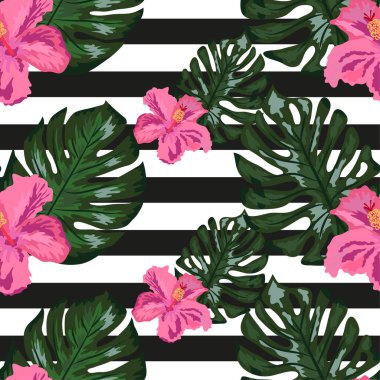 Çizgili arka planda tropikal orkide ve amber çiçekleri, palmiye, muz ve canavar yapraklarıyla kusursuz desen..