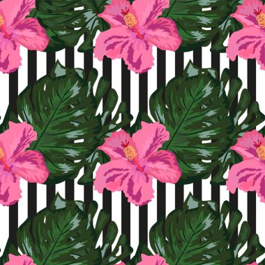 Geometrik arka planda desensiz çiçek deseni. Yaz mevsimi egzotik orman bitkisi tropik palmiye yaprakları ve çiçek kırmızısı amber çiçeği. Doğa duvar kâğıdı.