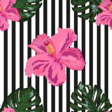 Geometrik arka planda desensiz çiçek deseni. Yaz mevsimi egzotik orman bitkisi tropik palmiye yaprakları ve çiçek kırmızısı amber çiçeği. Doğa duvar kâğıdı.