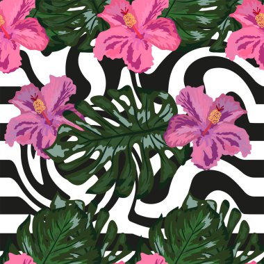 Çizgili arka planda tropikal orkide ve amber çiçekleri, palmiye, muz ve canavar yapraklarıyla kusursuz desen..