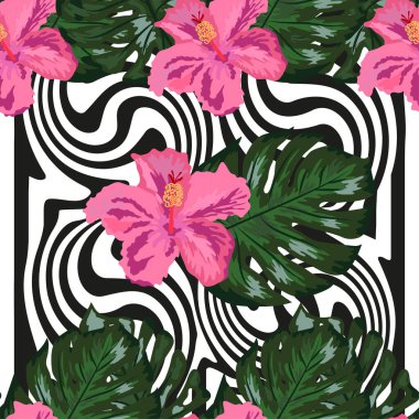 Geometrik arka planda desensiz çiçek deseni. Yaz mevsimi egzotik orman bitkisi tropik palmiye yaprakları ve çiçek kırmızısı amber çiçeği. Doğa duvar kâğıdı.