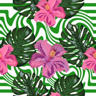 Çizgili arka planda tropikal orkide ve amber çiçekleri, palmiye, muz ve canavar yapraklarıyla kusursuz desen..