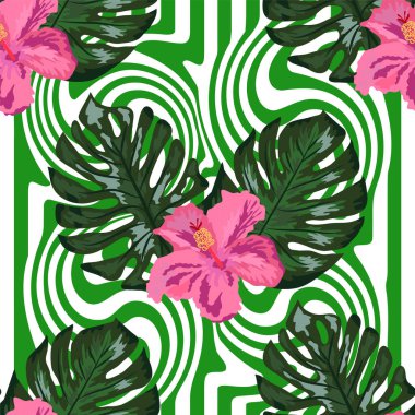 Geometrik arka planda desensiz çiçek deseni. Yaz mevsimi egzotik orman bitkisi tropik palmiye yaprakları ve çiçek kırmızısı amber çiçeği. Doğa duvar kâğıdı.