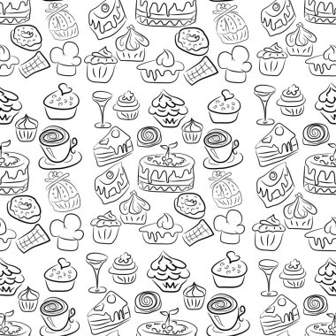 El çizimi şekerler ve şekerler. Karalamalar. Beyaz arka planda izole yiyecekler. Kusursuz bir doku. Dondurma, pasta, çörek, vs. Siyah ve beyaz.