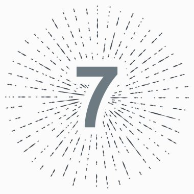 Güneş ışınları ve web sitesi, uygulama, logo ve tasarım şablonu için yedi numaralı simgeye sahip vintage illüstrasyon.